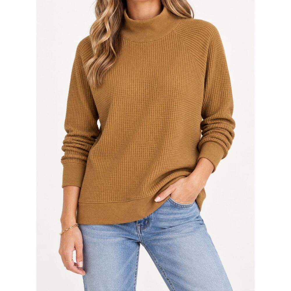 Lands' End Women's XL Brown Waffle Knit Mock Neck Pullover Sweatshirt Cozy